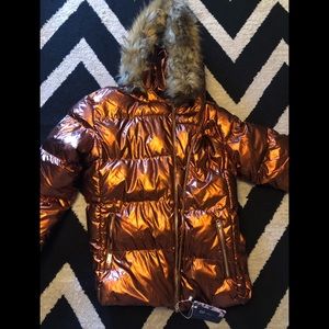 NWT! Women Cherfly metallic puffer jacket in bronze/ brown size large L